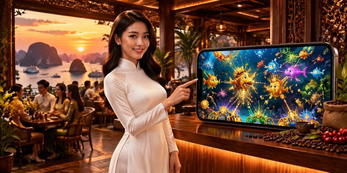 Người chơi game bắn cá trực tuyến tại vịnh Hạ Long với trang phục áo dài truyền thống